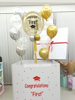 Surprise Box กล่องเซอร์ไพรส์แสดงความยินดี,รับปริญญา Bubble ขนาด 24" พร้อมตกแต่ง ช่อลูกโป่ง ช่อ 5 ลูก 2 ช่อ สามารถเปลี่ยนสีลูกโป่ง/ข้อความได้