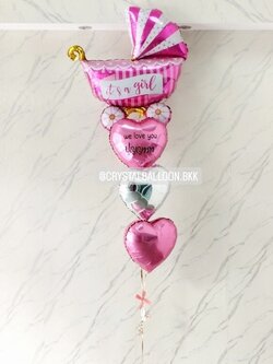 ลูกโป่ง Welcome Baby Girl ช่อฟอยล์รถเข็น+ฟอยล์หัวใจ ขนาด 18" 3 ชิ้น ช่อ 4 ชิ้น 1 ช่อ พร้อมตกแต่ง สามารถเปลี่ยนข้อความ/เปลี่ยนสี-ฟอยล์ตกแต่งได้