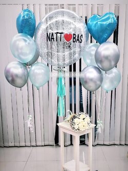 ลูกโป่ง งานแต่ง Bubble ขนาด 36" พร้อม (ราคายังไม่รวมช่อดอกไม้) ช่อลูกโป่งฟอยล์หัวใจ ขนาด 18" 2 ช่อ พร้อมตกเเต่ง สามารถเปลี่ยนสีลูกโป่ง/เปลี่ยนข้อความ/เปลี่ยนขนาดได้