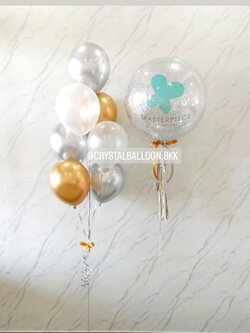 ลูกโป่ง เปิดงาน Bubble ขนาด 24" กลิตเตอร์สีเงิน 1 ลูก พร้อม ช่อลูกโป่งสีโครเมี่ยม ช่อ 7 ลูก 1 ช่อ Theme สีเงินโครเมี่ยม-ทองอ่อนโครเมี่ยม พร้อมตกแต่ง สามารถเปลี่ยนสีลูกโป่ง/เปลี่ยนข้อความ/เปลี่ยนขนาดได้