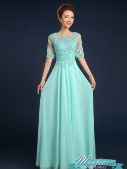 พร้อมเช่า ชุดราตรียาว/แขนสี่ส่วน สีฟ้า ช่วงอกเป็นลูกไม้ แขน-ด้านหลังซีทรู เรียบหรู กระโปรงผ้าชีฟอง (ซิปหลัง)