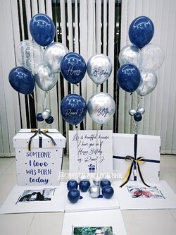 Happy Birthday Surprise Box กล่องเซอร์ไพรส์วันเกิด Theme Dark Blue-เงิน พร้อมตกแต่ง ช่อลูกโป่ง 5 ลูก 2 ช่อ,ลูกโป่งใส ใส่กลิตเตอร์,สามารถใส่รูปได้ 3 ใบ สามารถเปลี่ยนสีลูกโป่ง/เปลี่ยนข้อความได้