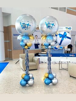 เสาลูกโป่ง เปิดงาน Bubble ขนาด 36" กลิตเตอร์สีเงิน 2 เสา พร้อมตกแต่ง สามารถเปลี่ยนสีลูกโป่ง/เปลี่ยนข้อความได้