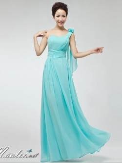 พร้อมเช่า ชุดราตรียาว เกาะอกไหล่เดียว สีฟ้าอ่อน จับจีบ เพิ่มดอกที่ไหล่ สวยเรียบหรู (เชือกผูกหลัง)