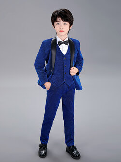 พร้อมเช่า ชุดสูทเด็กชาย สีน้ำเงิน เนื้อกากเพชร แบบหรูหรา (พร้อมเช่าไซส์ 120 , 130 , 150)