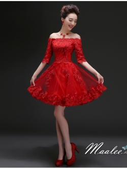 พร้อมส่ง ชุดราตรีสั้น แบบปาดไหล่ ตัวชุดลูกไม้ปักดิ้น กระโปรงตาข่าย สีแดง