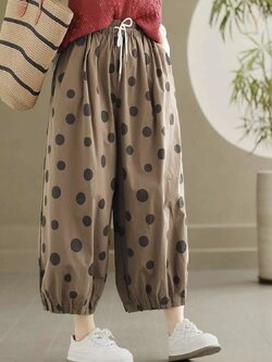 กางเกงลำลองผ้าฝ้ายลายจุดขาห้าส่วน