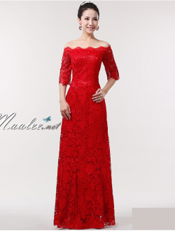 พร้อมเช่า ชุดราตรียาว สีแดง ลูกไม้ทัั้งตัว เปิดไหล่ แขนสามส่วน