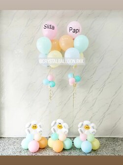 ลูกโป่ง วันเกิด ฟอยล์ดอกเดซี่จิ๋ว ตั้งฐาน 3 ชิ้น พร้อม ช่อลูกโป่ง ช่อ 5 ลูก 2 ช่อ Theme สีพาสเทล พร้อมตกแต่ง สามารถเปลี่ยนสีลูกโป่ง/เปลี่ยนข้อความได้