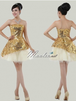 พร้อมส่ง ชุดแฟนซี ชุดราตรีสั้น เกาะอก สีทอง ผ้าปักเลื่อม กระโปรงสุ่ม Tutu