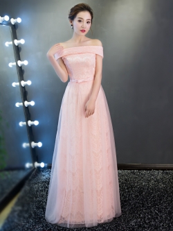 พร้อมเช่า ชุดราตรียาว สำหรับสาวไซส์ใหญ่ แบบปาดไหล่ สีชมพู ลูกไม้หรูใส่ออกงานกลางคืน งานพรอม กระโปรงตาข่าย 2XL- 6XL (เชือกผูกหลัง)