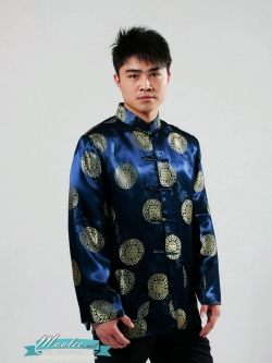 Pre-order ชุดจีน ชาย เสื้อคอจีน ผ้าไหมจีน ทอลาย สีน้ำเงิน