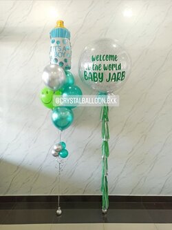 ลูกโป่ง Welcome Baby Bubble ขนาด 36" กลิตเตอร์สีเงิน พร้อม ช่อลูกโป่งฟอยล์ขวดนม ช่อ 7 ลูก 1 ช่อ พร้อมตกแต่ง สามารถเปลี่ยนสีลูกโป่ง/เปลี่ยนข้อความ/เปลี่ยนขนาด/เปลี่ยนฟอยล์ตกแต่งได้