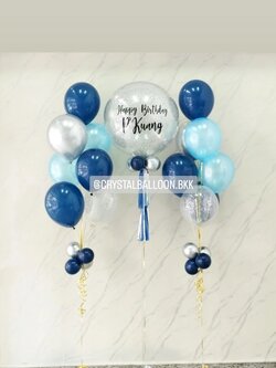 ลูกโป่ง วันเกิด Bubble ขนาด 24" กลิตเตอร์สีเงิน 1 ลูก พร้อม ช่อลูกโป่ง ช่อ 7 ลูก 2 ช่อ Theme Dark Blue พร้อมตกแต่ง สามารถเปลี่ยนสีลูกโป่ง/เปลี่ยนข้อความ/เปลี่ยนขนาดได้