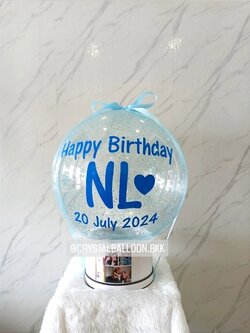 ลูกโป่ง วันเกิด กล่องดึงเงิน Bubble ขนาด 24" กลิตเตอร์สีฟ้า 1 สามารถใส่เงินได้ 15 ใบ,สามารถติดรูป 1 รูป พร้อมตกแต่ง สามารถเปลี่ยนสีลูกโป่ง/เปลี่ยนข้อความได้