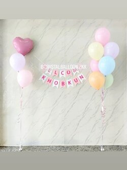 ลูกโป่ง Welcome Baby ป้ายธง ติดผนัง 14 ตัวอักษร พร้อม ช่อลูกโป่ง ช่อ 7 ลูก 1 ช่อ,ช่อลูกโป่งฟอยล์หัวใจ ขนาด 18" ช่อ 3 ลูก 1 ช่อ Theme สีพาสเทล พร้อมตกแต่ง สามารถเปลี่ยนสีลูกโป่ง/เปลี่ยนสี-ป้ายธง/เปลี่ยนสี-ฟอยล์ตกแต่งได้
