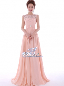 พร้อมเช่า ชุดราตรียาว แขนกุด สีชมพู แต่งลูกไม้ช่วงอก และแผ่นหลัง คอ Sweetheart