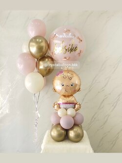 ลูกโป่ง Welcome Baby ฟอยล์เด็กผญ. ตั้งฐาน 1 ชิ้น ลูกโป่งยาง สี Dusk Pink 1 ลูก พร้อม ประดับโบว์จิ๋ว 6 ชิ้น ช่อ 7 ลูก 1 ช่อ สีคาเมเลียโครเมียม/Sand/Dusk Pink พร้อมตกแต่ง สามารถเปลี่ยนสีลูกโป่ง/เปลี่ยนฟอยล์ตกแต่งได้