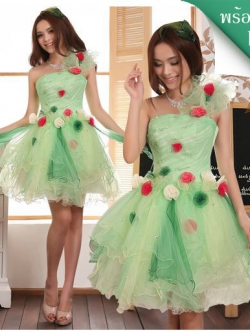 พร้อมเช่า ชุดแฟนซี ชุดราตรีสั้น ไหล่เดียว สีเขียว/เหลือง แต่งดอกไม้หลากสี ชายหยัก ฟูสวย