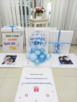 Happy Anniversary ครบรอบ แบบกล่อง พร้อมตกแต่ง Bubble ตั้งฐาน สีฟ้า,สามารถใส่รูปได้ 2 ใบ สามารถเปลี่ยนสีลูกโป่ง/เปลี่ยนข้อความได้