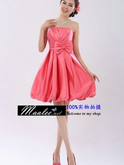 พร้อมส่ง ชุดราตรีสั้น เกาะอก สีชมพู โอโรส ทรงบอลลูน เรียบหรู จับจีบหน้าอก แต่งโบว์ที่เอว