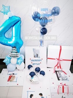 Surprise Box กล่องเซอร์ไพรส์วันครบรอบ Bubble USA ขนาด 24'' Theme สีน้ำเงิน พร้อมตกแต่ง ฟอยล์ตัวเลข ขนาดใหญ่ สามารถใส่รูปได้ 4 รูป สามารถเปลี่ยนสีลูกโป่ง/เปลี่ยนสี-ฟอยล์/เปลี่ยนข้อความได้