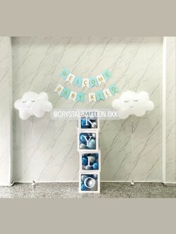 ลูกโป่ง Welcome Baby ป้ายธง 15 ตัวอักษร พร้อม ฟอยล์ก้อนเมฆ 2 ชิ้น,กล่องใส ติดตัวอักษร 4 กล่อง พร้อมตกแต่ง สามารถเปลี่ยนสีลูกโป่ง/เปลี่ยนข้อความ/เปลี่ยนสี-ป้ายธงได้