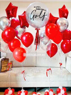 ลูกโป่ง วันเกิด Bubble ขนาด 24" Theme สีแดง พร้อม ช่อลูกโป่ง 4 ช่อ,ลูกโป่งใส ใส่กลิตเตอร์,ฟอยล์ดาว ขนาด 24" 4 ชิ้น พร้อมตกเเต่ง สามารถเปลี่ยนสีลูกโป่ง/เปลี่ยนสี-ฟอยล์ตกแต่ง/เปลี่ยนข้อความได้