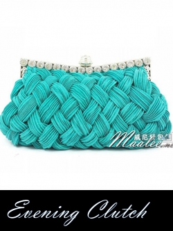 Evening Clutch กระเป๋าออกงาน สีฟ้าน้ำทะเล อัดพลีทลายสาน สายโซ่สั้นยาว