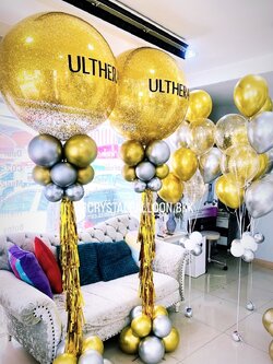เสาลูกโป่ง เปิดงาน Bubble 36" Theme สีทอง 2 เสา พร้อมตกแต่ง ช่อลูกโป่งโครเมี่ยม 7 ลูก 3 ช่อ,ลูกโป่งใส ใส่กลิตเตอร์ สามรถเปลี่ยนสีลูกโป่ง/เปลี่ยนข้อความได้