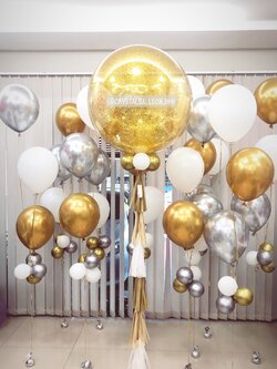 ลูกโป่ง Grand Opening Bubble ขนาด 36" โทนสีทอง สุดหรูหรา พร้อมตกแต่ง ช่อลูกโป่ง 3 ลูก 10 ช่อ สามารถเปลี่ยนสีลูกโป่ง/เปลี่ยนข้อความ/เปลี่ยนขนาดได้