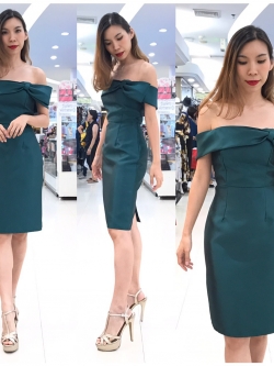 พร้อมเช่า ราตรีสั้น ชุดเดรสเข้ารูป ไหล่ปาด สีเขียว