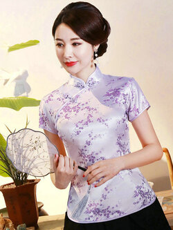 Pre-order เสื้อกี่เพ้า สีม่วง ลายดอกเหมย ผ้าไหมจีน กุ๊นขอบ ตัดเย็บอย่างดี