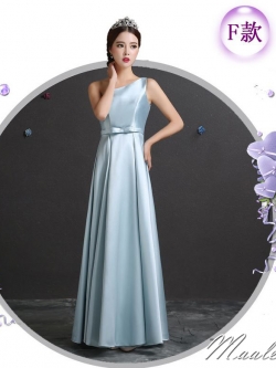 พร้อมส่ง ชุดราตรียาว ชุดเพื่อนเจ้าสาว สีฟ้า แบบ F ไหล่เดียว ผ้าซาติน มีโบว์ช่วงเอว (เชือกผูกด้านหลัง)