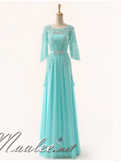 พร้อมเช่า ชุดราตรียาว สี ฟ้าอ่อน แขนสามส่วน แต่งลูกไม้ จับเดรปทรงนาฬิกาทราย (L-3XL)