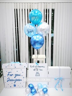 Happy Birthday Surprise Box Theme สีฟ้า พร้อมตกแต่ง ลูกโป่ง 5 ลูก,สามารถใส่รูปได้ 2 ใบ สามารถเปลี่ยนสีลูกโป่ง/เปลี่ยนข้อความได้