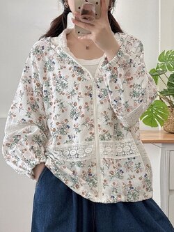 แจ็คเก็ตฮู้ดผ้าฝ้ายลายดอกไม้แต่งผ้าลูกไม้