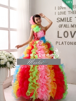 พร้อมเช่า ชุดแฟนซียาว ไหล่เดียว สีรุ้ง ระบายฟูสวย ไหล่เดียว (ซิปหลัง)