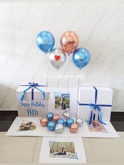 Happy Birthday Surprised box กล่องเซอร์ไพรส์วันเกิด พร้อม ลูกโป่ง 4 ลูก พร้อมตกเเต่ง สามารถใส่รูปได้ 2 ใบ สามารถเปลี่ยนสีลูกโป่ง/เปลี่ยนสีข้อความได้