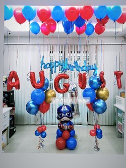 ลูกโป่ง วันเกิดเด็ก Theme Captain America ตั้งฐาน 1 ชิ้น พร้อม ช่อลูกโป่ง ช่อ 5 ลูก 2 ช่อ,ฟอยล์ตัวอักษร Happy Birthday 16" 1 ชิ้น,ฟอยล์ตัวอักษร 16" 6 ตัวอักษร พร้อม ลูกโป่ง พร้อมตกเเต่ง สามารถเปลี่ยนสีลูกโป่ง/เปลี่ยนสี-ฟอยล์ตัวอักษร/เปลี่ยนฟอยล์