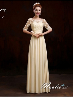 พร้อมเช่า ชุดราตรียาว ชุดเพื่อนเจ้าสาว สีครีม แบบ C แขนยาว ผ้าตาข่ายแต่งลูกไม้โปร่ง เอวเพิ่มดอกสวย (เชือกผูกด้านหลัง)