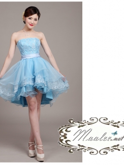 พร้อมเช่า ชุดราตรีสั้น เกาะอก แต่งลูกไม้กระโปรง3ชั้น ผ้าแก้ว ผ้าคาดเอวซาติน หน้าสั้นหลั้งยาว สีฟ้า