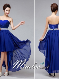 พร้อมเช่า ชุดราตรีสั้น เกาะอก หน้าสั้นหลังยาว สีน้ำเงิน (ซิปหลัง)