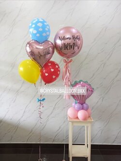 ลูกโป่ง Welcome Baby ฟอยล์กลม USA ขนาด 18" พร้อม ช่อฟอยล์หัวใจ ขนาด 18" ช่อ 5 ลูก 1 ช่อ พร้อมตกแต่ง ฟอยล์หอยตั้งฐาน 1 ชิ้น สามารถเปลี่ยนสีลูกโป่ง/เปลี่ยนข้อความ/เปลี่ยนขนาดได้