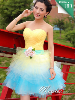 พร้อมเช่า ชุดแฟนซี เช่า 500 ชุดราตรีสั้น เกาะอก สีเหลือง อกจับจีบตีเกล็ด กระโปรงตาข่าย น่ารักมาก