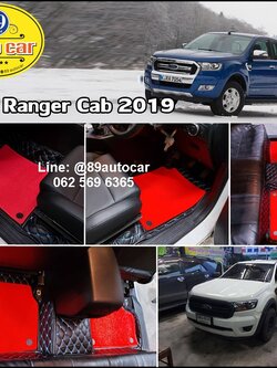 โรงงานพรมรถยนต์ Ford Ranger Cab 2019 ปูพรม7D สีดำด้ายฟ้า เสริมไวนิลดักฝุ่นสีแดง