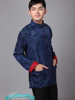 Preorder ชุดจีน ชาย เสื้อคอจีน ผ้าแพร สีน้ำเงิน/ แดง ใส่ได้สองด้าน