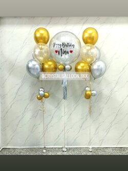 ลูกโป่ง วันเกิด Bubble ขนาด 24" กลิตเตอร์สีเงิน 1 ลูก พร้อม ช่อลูกโป่งสีโครเมี่ยม ช่อ 5 ลูก 2 ช่อ พร้อมตกแต่ง สามารถเปลี่ยนสีลูกโป่ง/เปลี่ยนข้อความ/เปลี่ยนขนาดได้