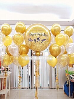 ลูกโป่ง วันเกิด Bubble ขนาด 36" Theme สีทอง พร้อม ช่อลูกโป่ง ช่อ 7 ลูก 4 ช่อ,ลูกโป่งใส ใส่กลิตเตอร์ (ราคายังไม่รวมเค้ก) พร้อมตกเเต่ง สามารถเปลี่ยนสีลูกโป่ง/เปลี่ยนข้อความ/เปลี่ยนขนาดได้