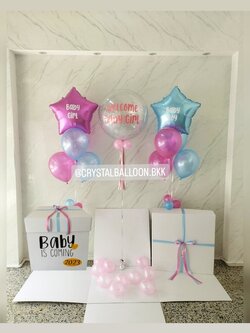 Welcome Baby แบบกล่องเซอร์ไพรส์ Bubble 24" พร้อมตกแต่ง ช่อลูกโป่งดาว 2 ช่อ สามารถเปลี่ยนสีลูกโป่ง/เปลี่ยนข้อความได้